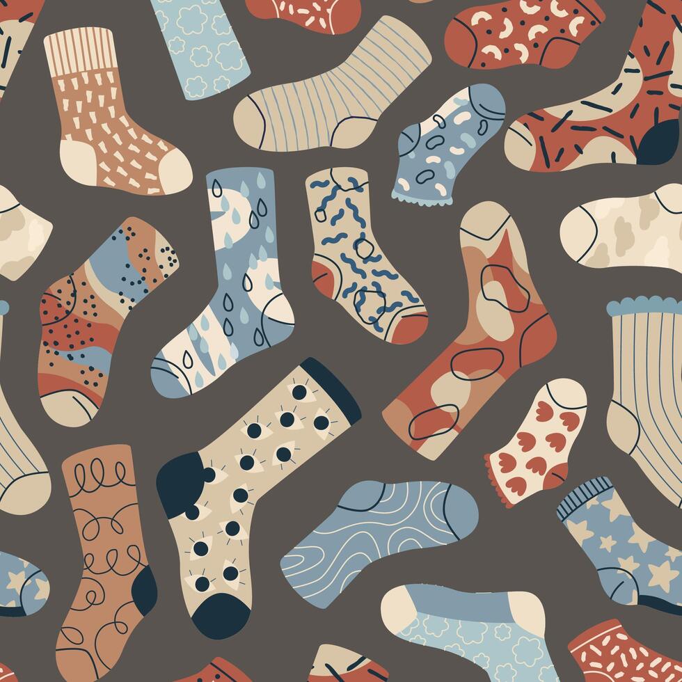 Socks pattern. Seamless print of cute knitted socks for kids, cute cartoon socks for women and men. Vector colorful textile