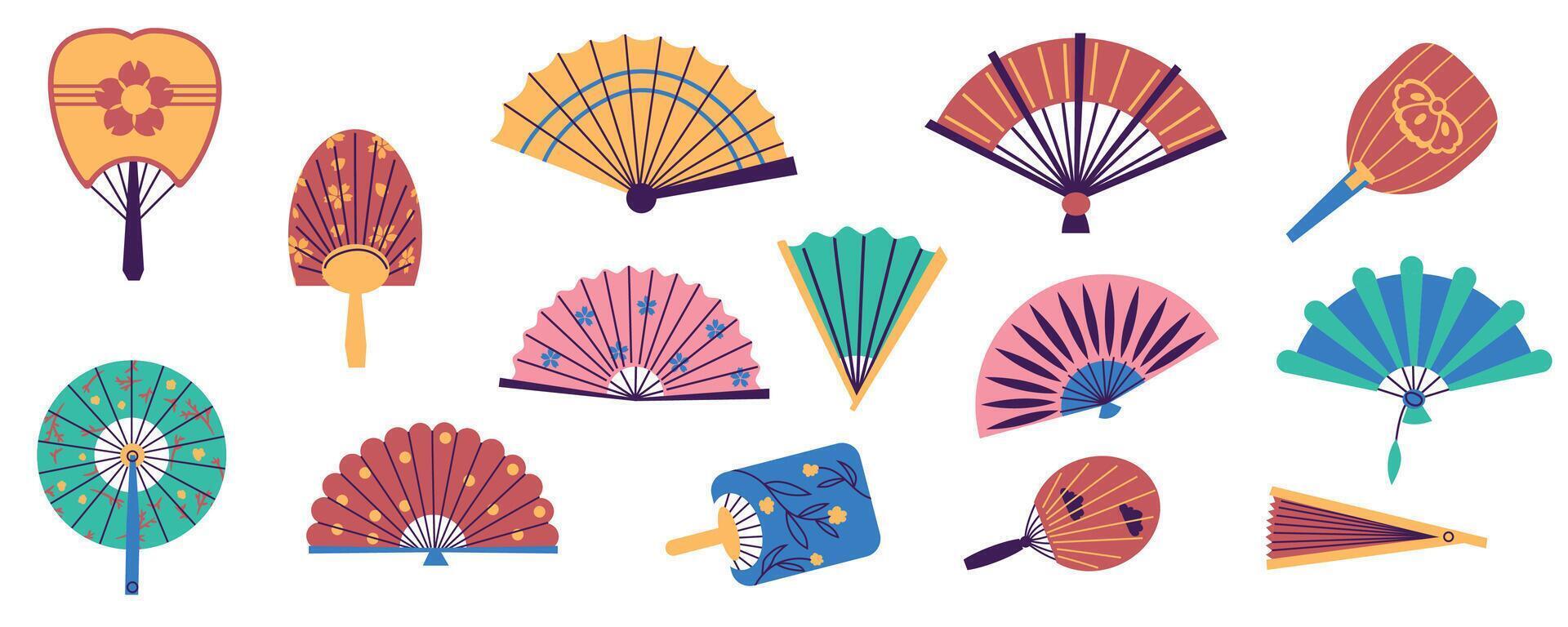 Paper hand fans. Traditional oriental folding fans, hand wind accessories flat style different color. Vector chinese japanese asian fans set