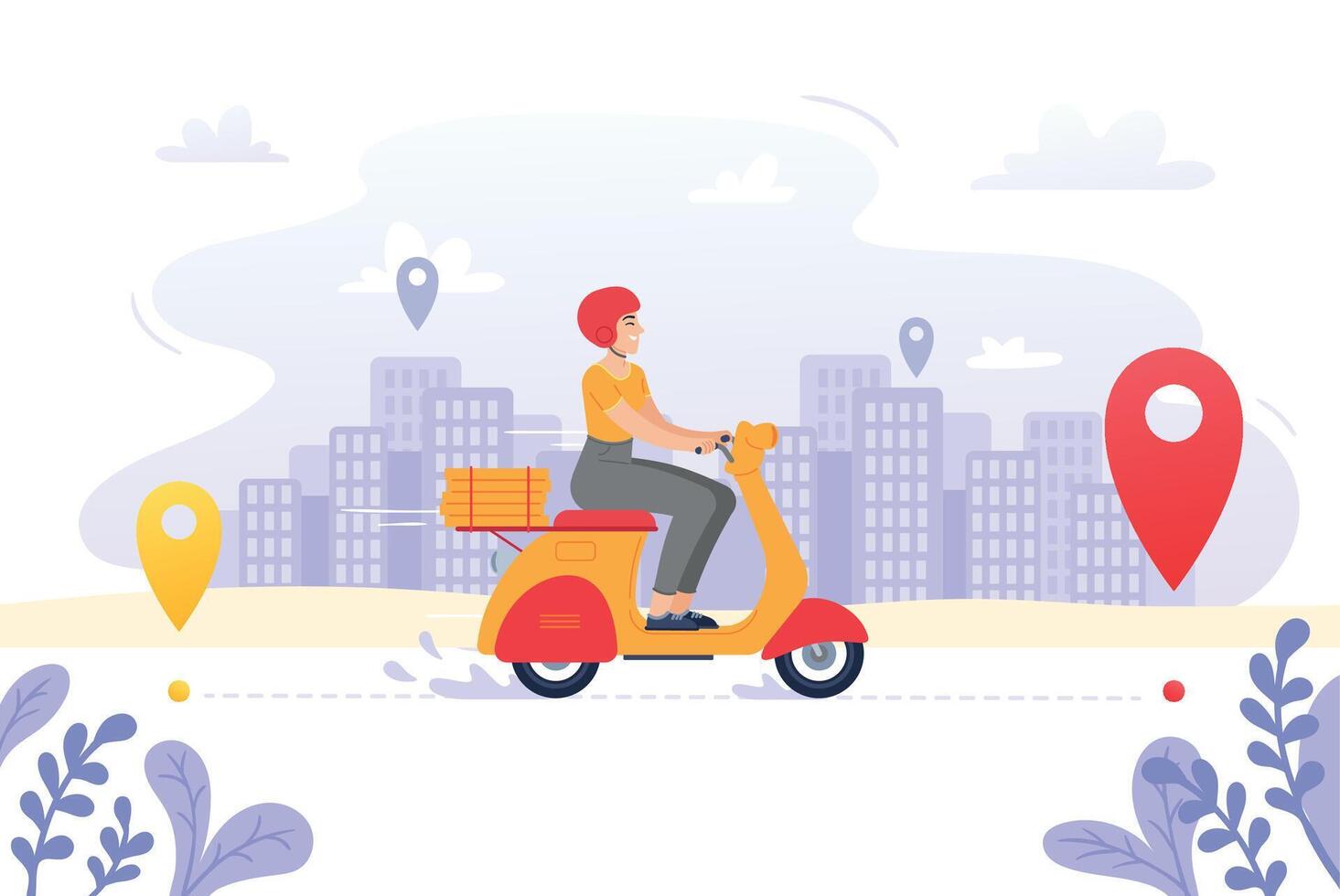 rápido comida entrega servicio, moto conductor mensajero o GPS Pizza entregas vector