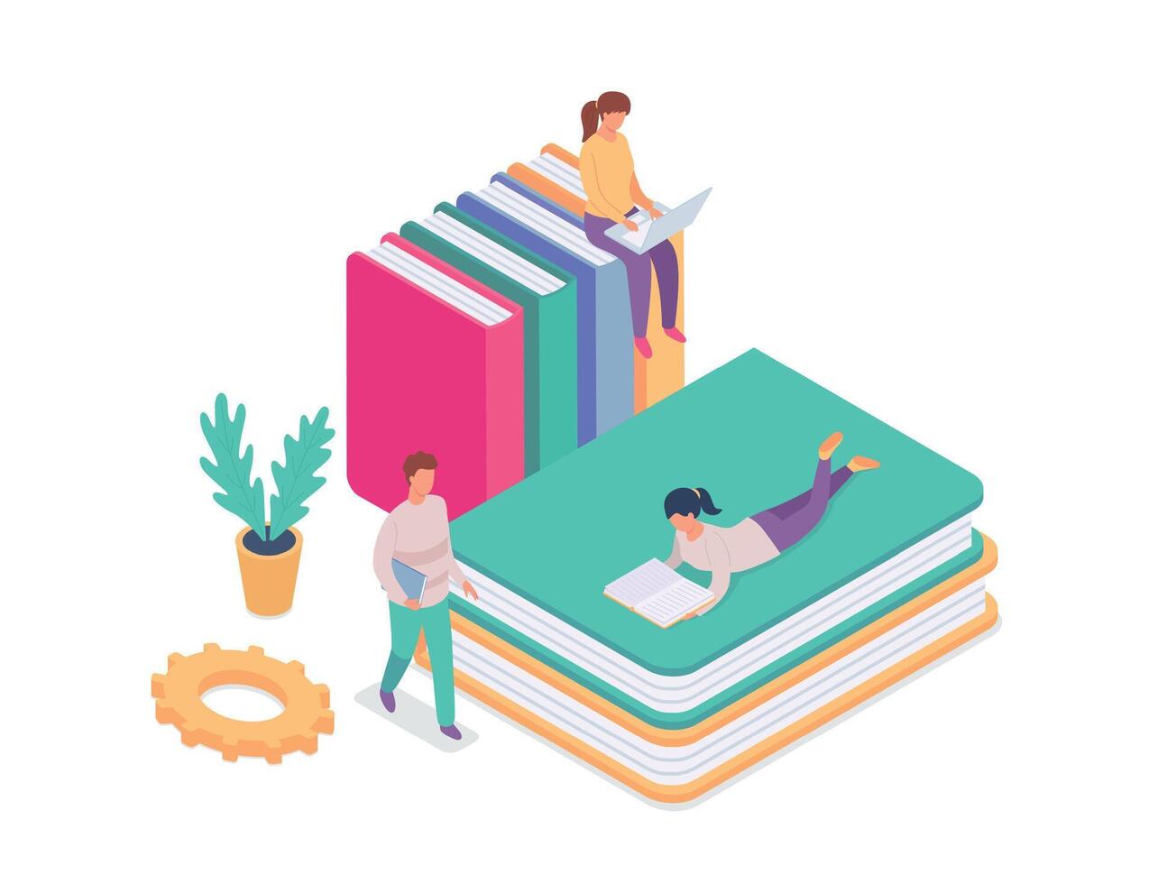 Isometric online library, stack of books for education vector