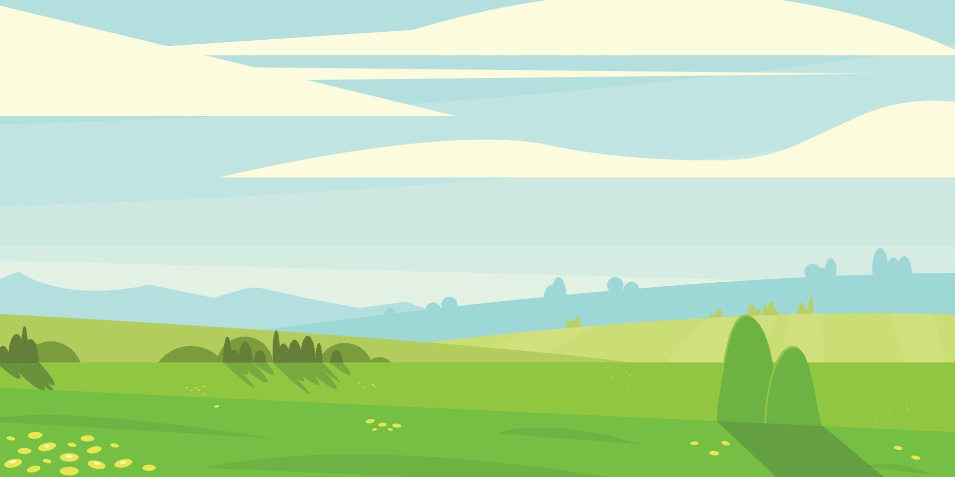 Cartoon meadow landscape. Rural scene with grass trees grass and flowers, country field with bush. Vector countryside scenery illustration