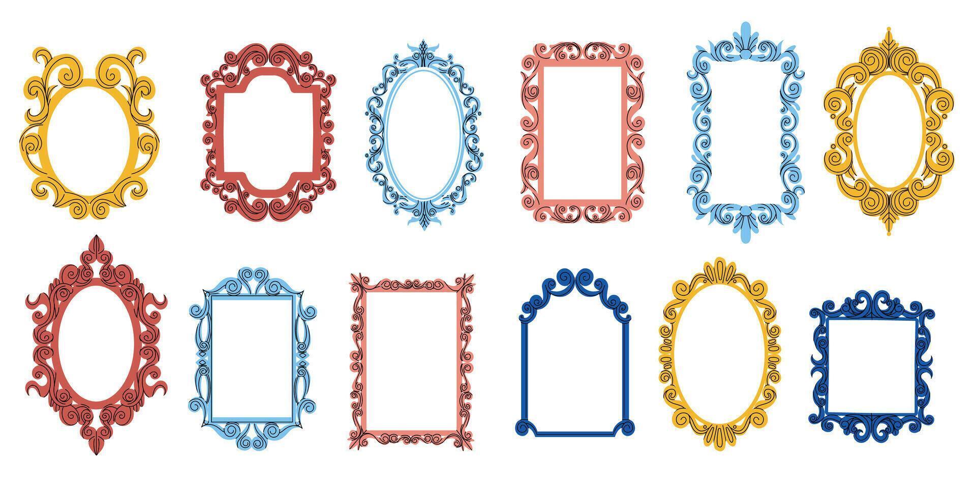 Doodle mirror frames. Antique ornate decorative borders, modern elegant maiden photo frame design cartoon style. Vector isolated collection
