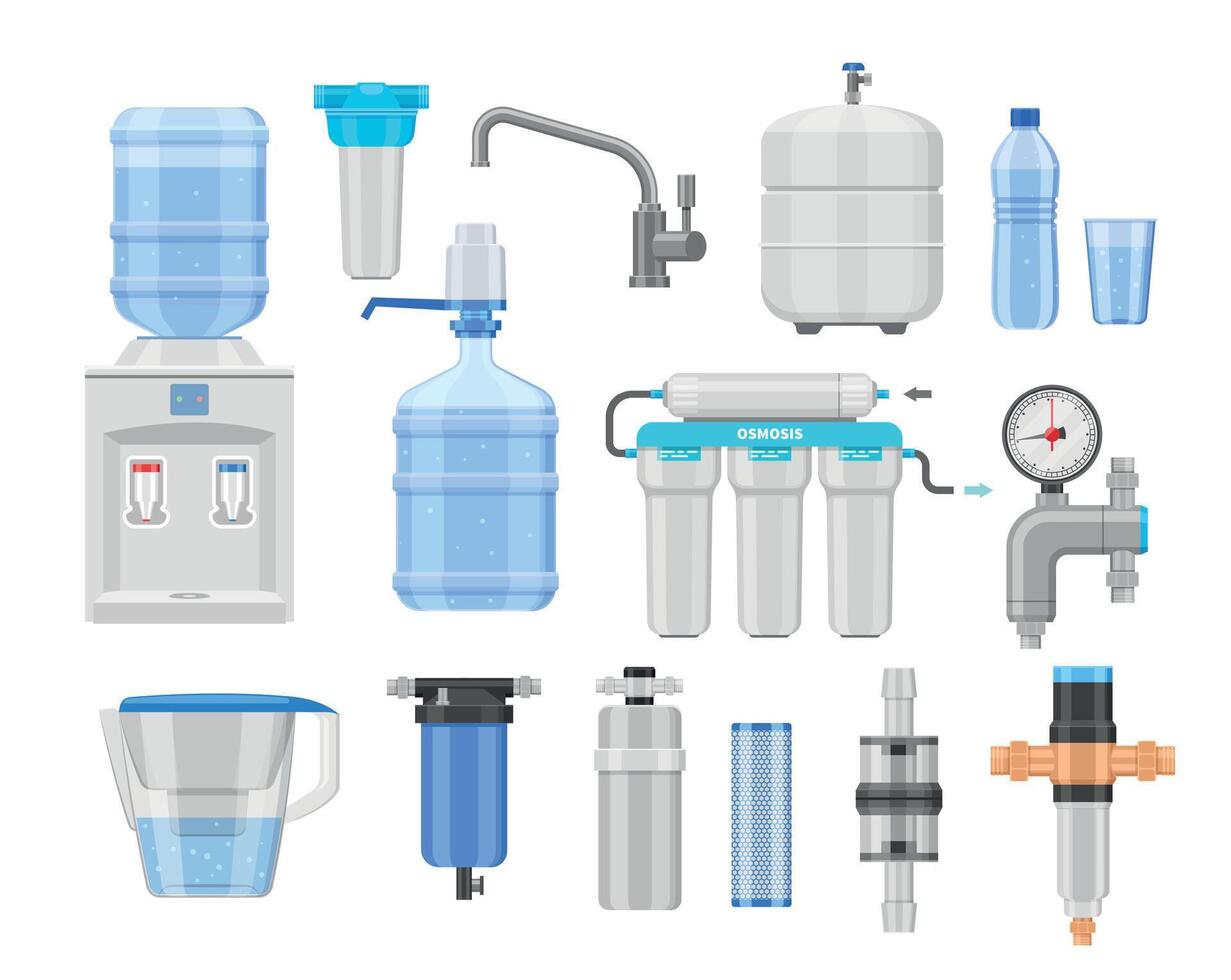 Water purifier. Cleaning filtration and antibacterial water treatment, home purification equipment with filters valve and water tank. Vector isolated set