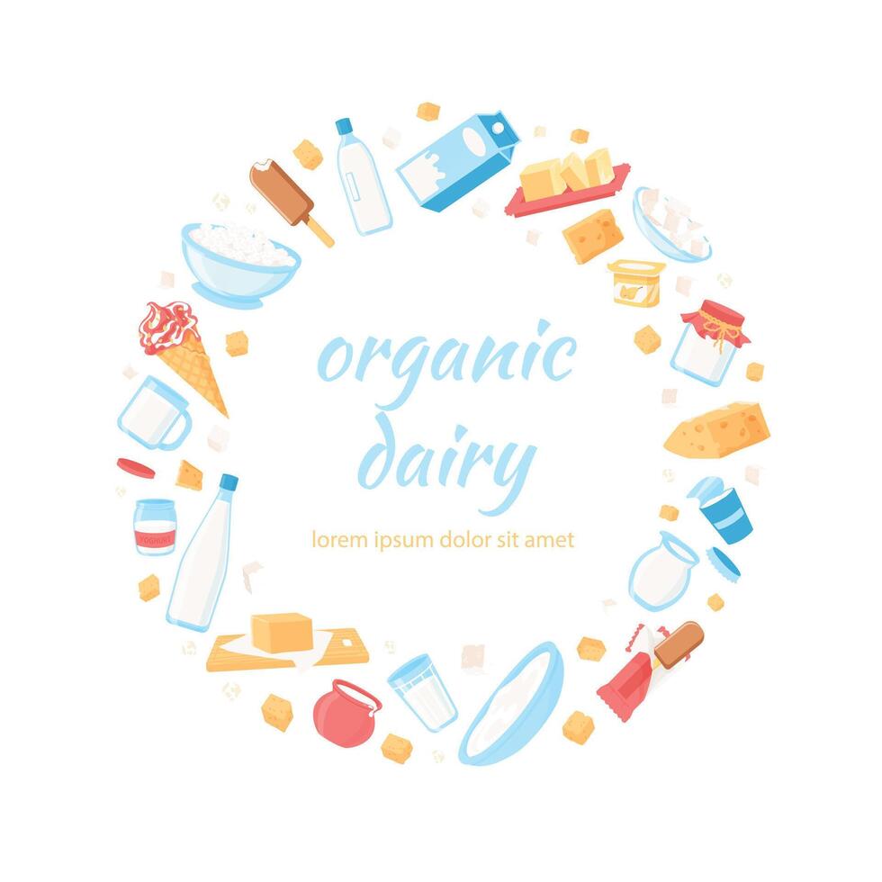 Milk food in circle. Cartoon dairy products placed in round shape, healthy organic food concept. Vector cheese yoghurt cottage cheese butter isolated set