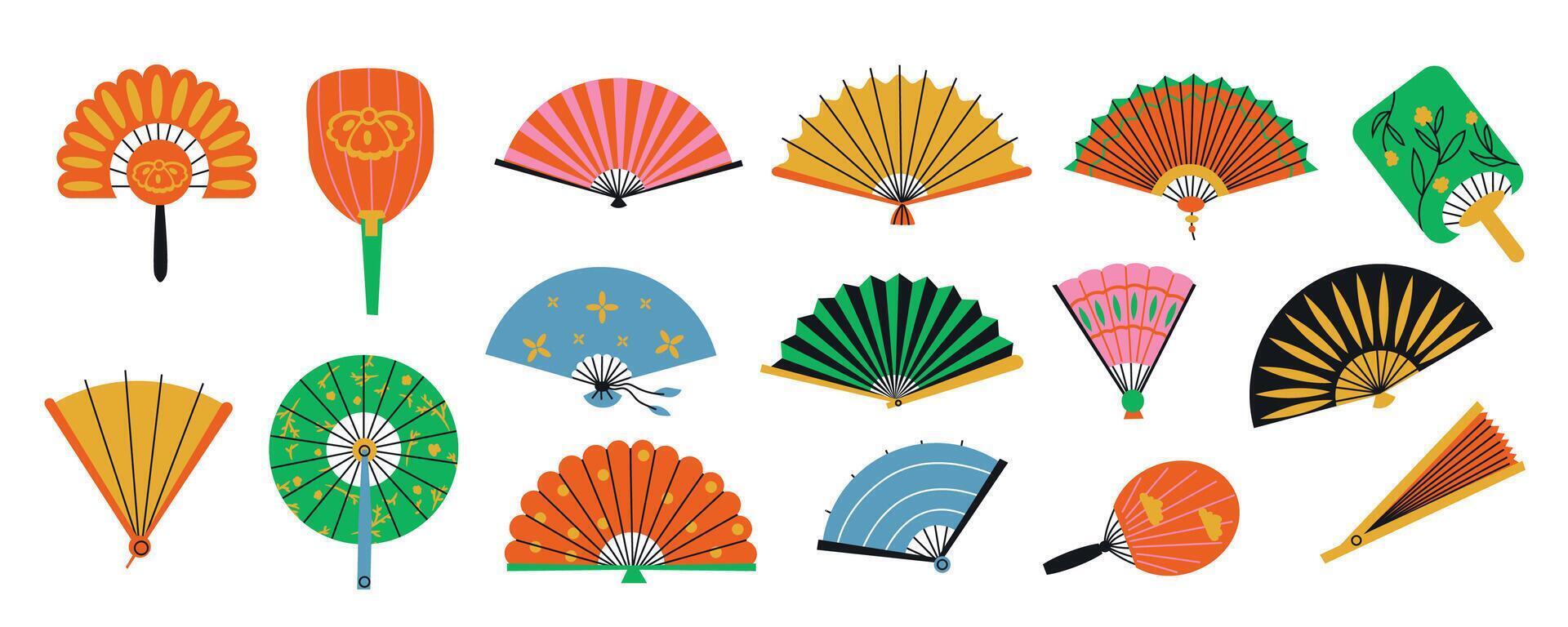 Flat asian fans. Folded oriental bamboo paper fans, open chinese japanese and korean traditional accessory. Vector collection