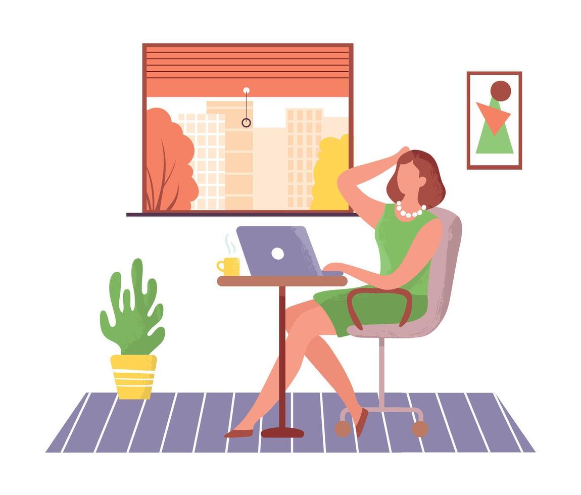 Woman working online with laptop, freelance work vector