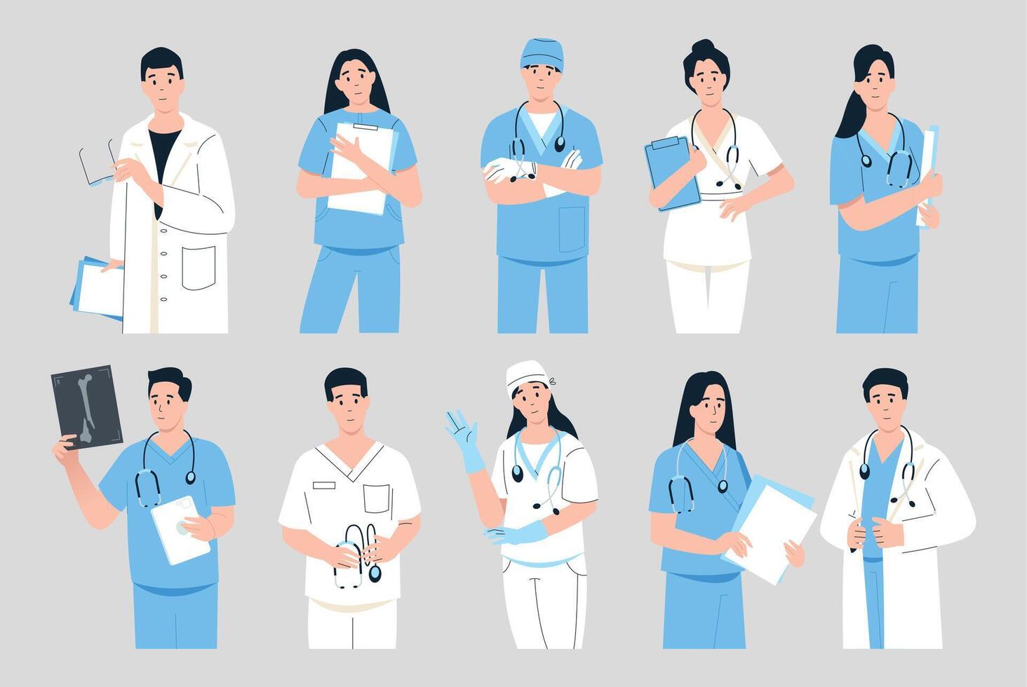 médico retratos dibujos animados médico practicantes en azul y blanco uniforme y con estetoscopios, médico clínica doctores cosa. vector conjunto