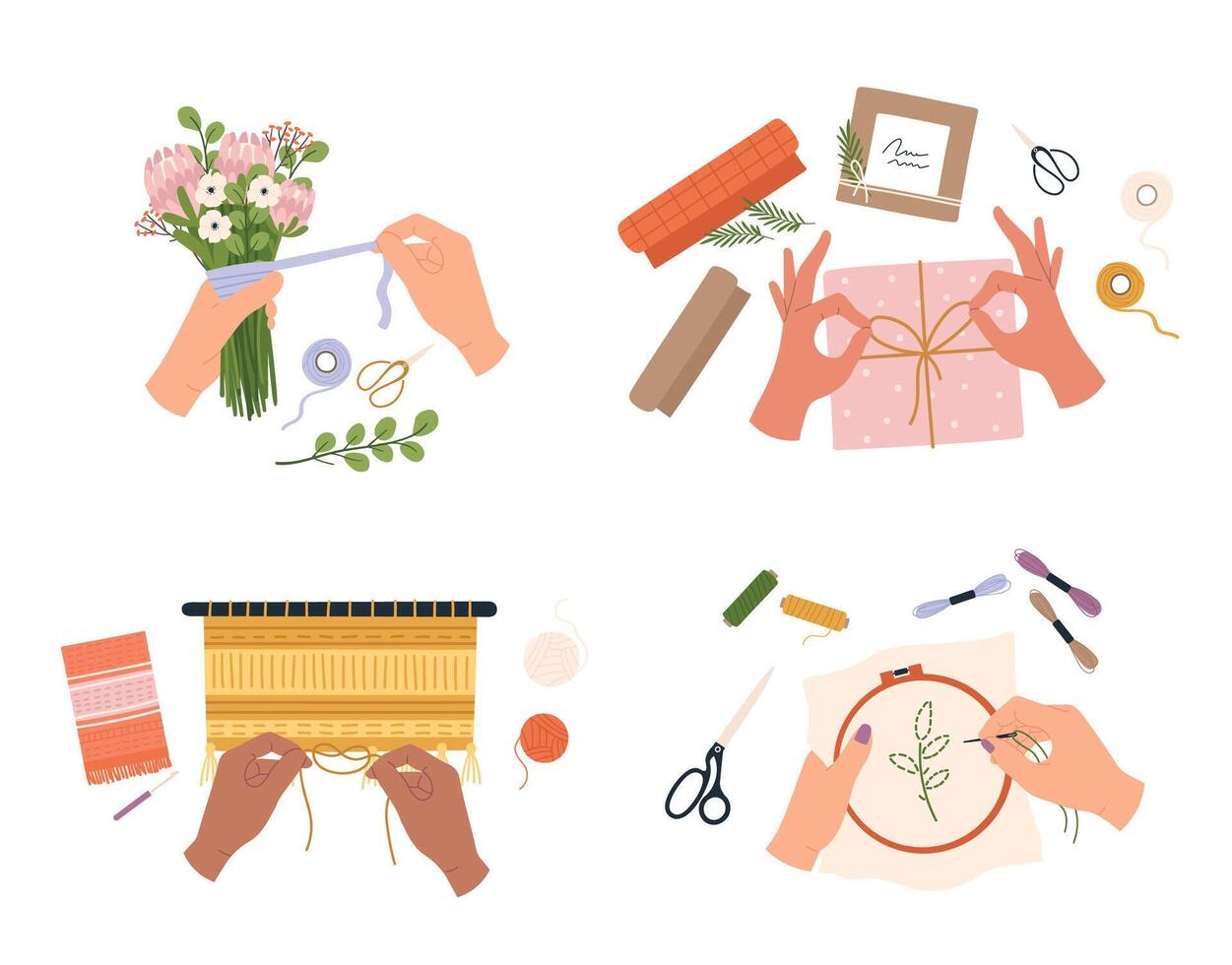 Hands create crafts, sewing and decoration handmade vector