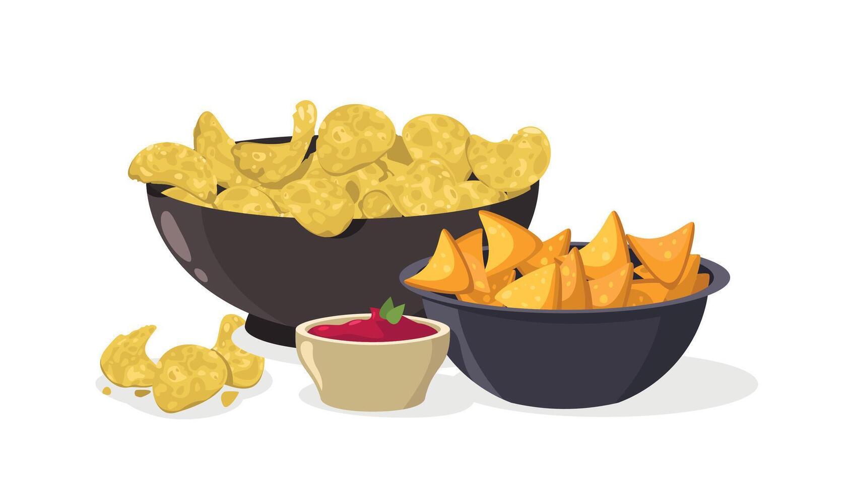 Cartoon chips in bowl. Yellow crispy fried potato snack in bowl, crunchy organic vegan product package. Vector vegetarian crispy fried potato snack