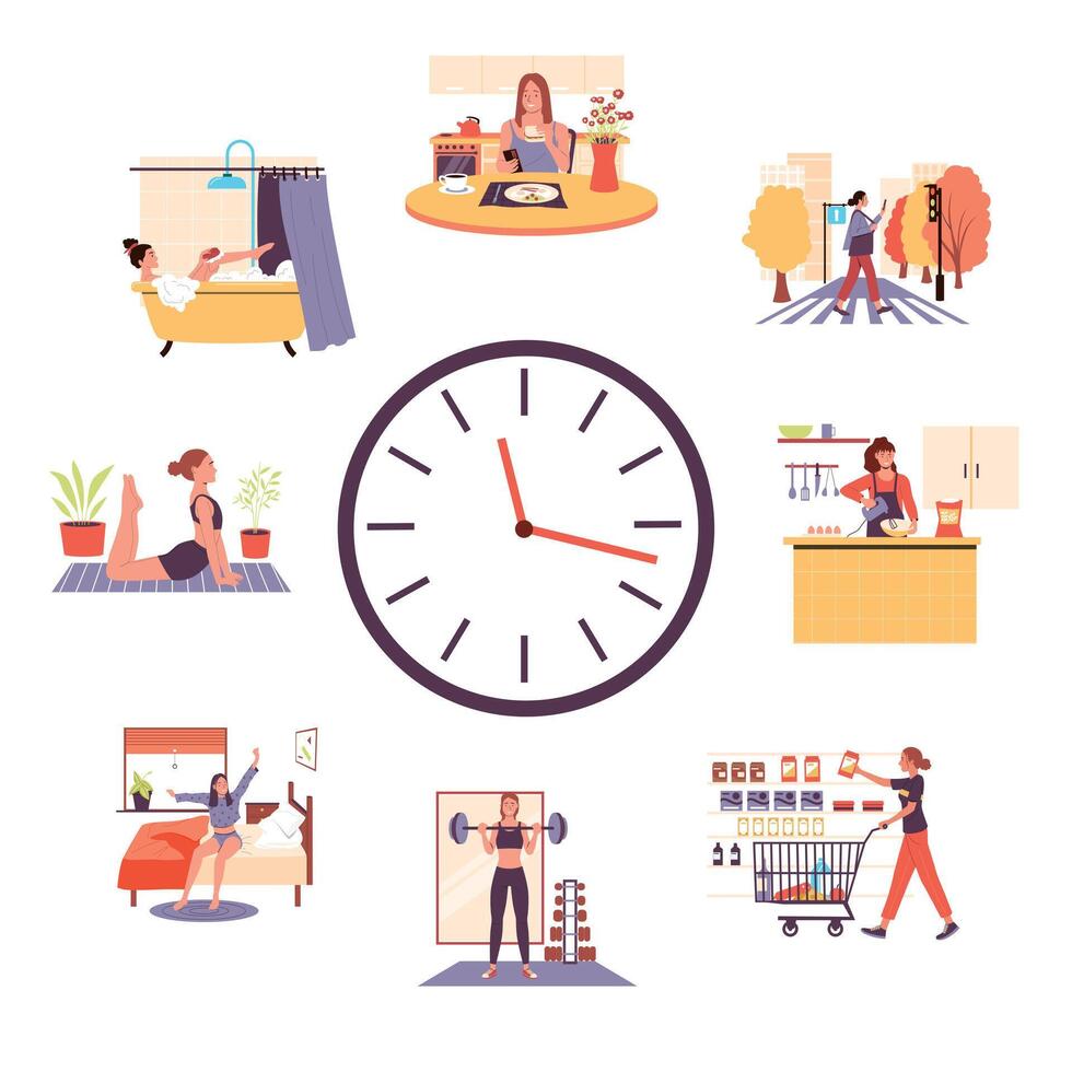 Woman routine on clock. Cartoon girl activities during daytime, female busy lifestyle schedule. Vector sleep work rest and hobby scenes illustration