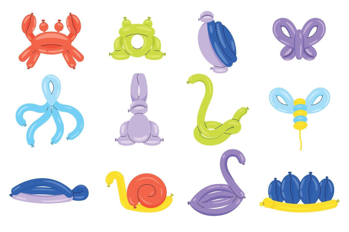 Cartoon balloon pets. Cute helium animal characters, colorful bubble animals for birthday party decoration. Vector isolated set