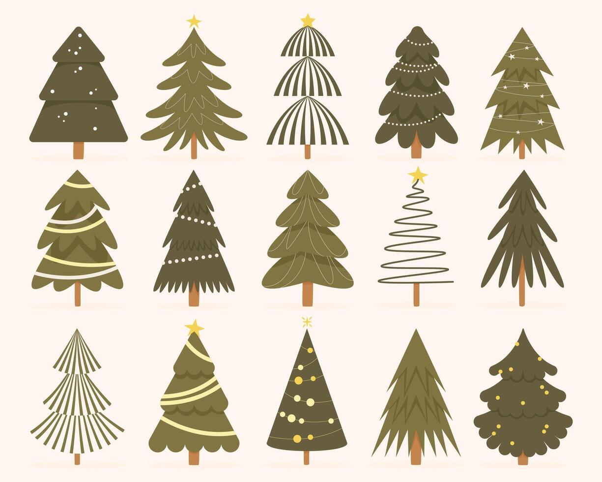 Christmas trees collection. Cartoon christmas tree with presents and toys, colorful fir Christmas trees with ornaments. Vector set