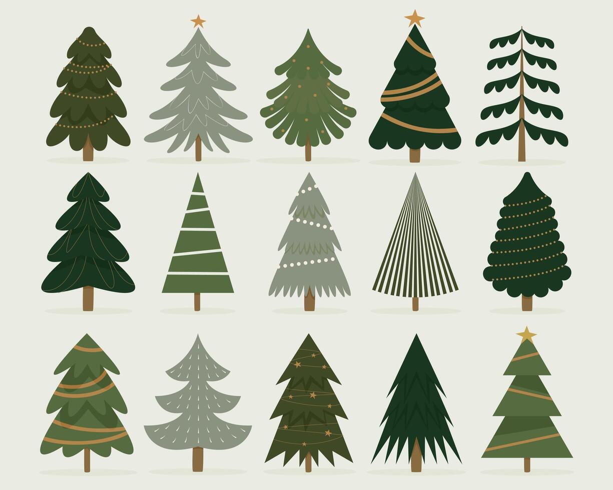 Winter christmas tree collection. Cartoon traditional fir trees decorated with balls sparkle snowflakes and presents, holiday season celebration vector set