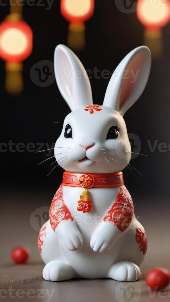 AI generated Photo Of 3D Ornamented Rabbit Figurine Porcelain Bunny Render Symbol Of Chinese New Year And Easter Holidays Modern Minimal Design Social Media Sale Greeting Technology. AI Generated