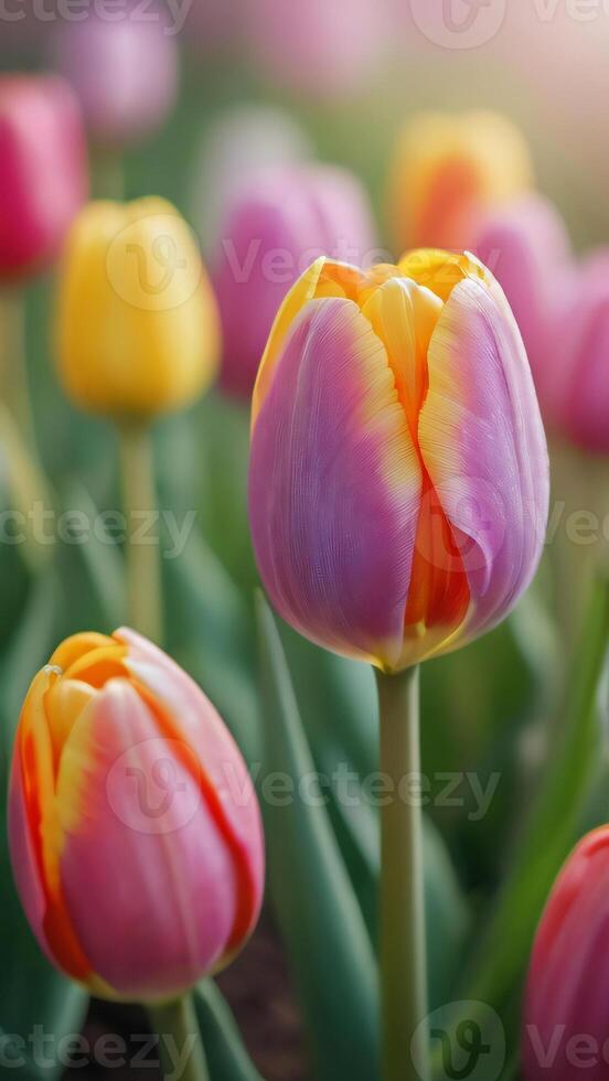 AI generated Photo Of Easter Colorful Tulips Flower On Meadow Pastel Light Morning Light Bokeh. AI Generated