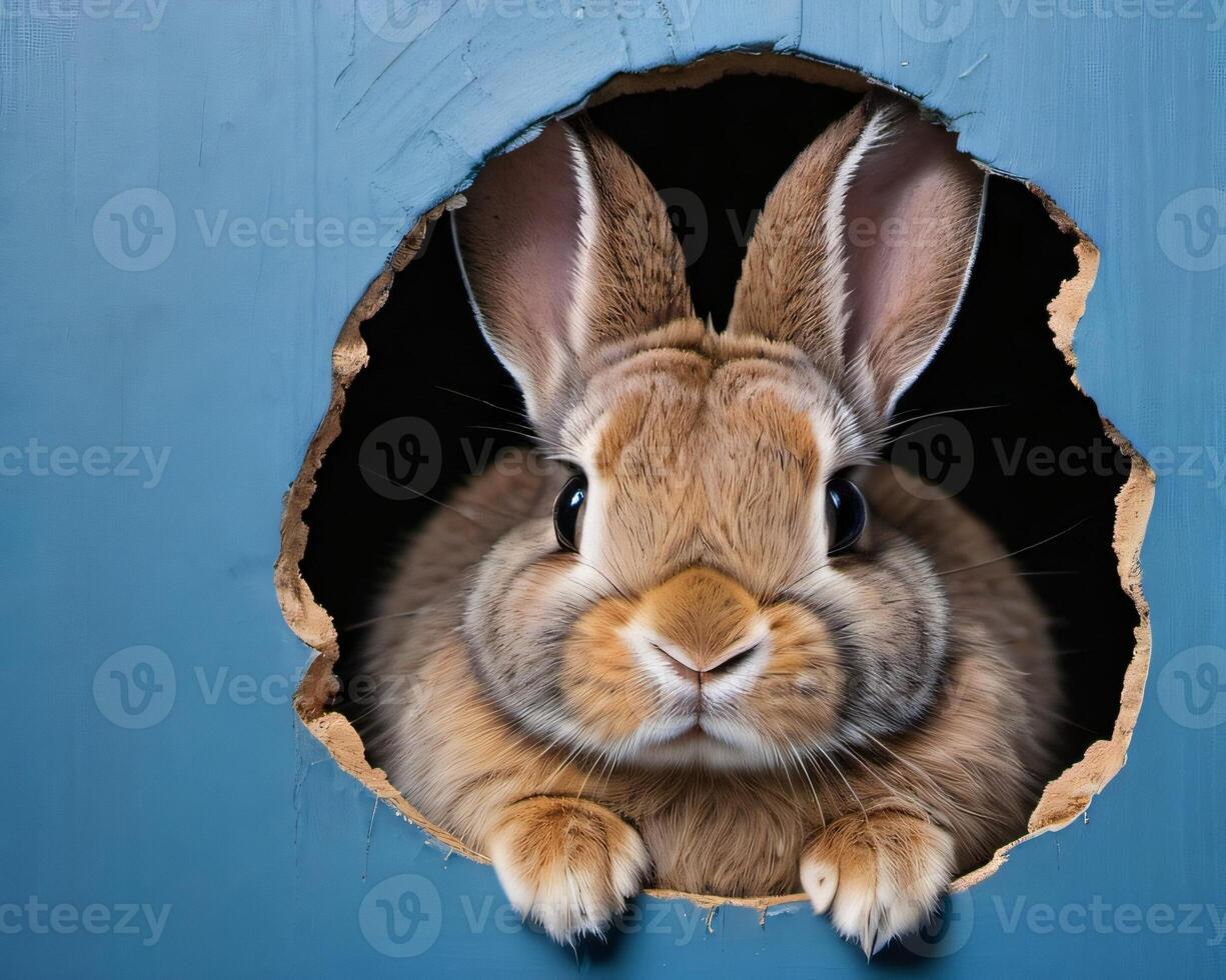 AI generated Photo Of Bunny Peeking Out Of A Hole In Blue Wall Fluffy Eared Bunny Easter Bunny Banner Rabbit Jump Out Torn Hole. AI Generated
