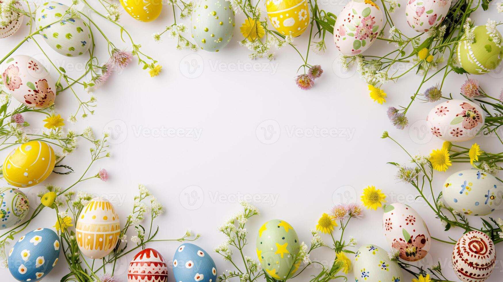 AI generated a frame crafted from a collection of vibrant Easter eggs, takes center stage against a clear white background to insert your text or image in it photo