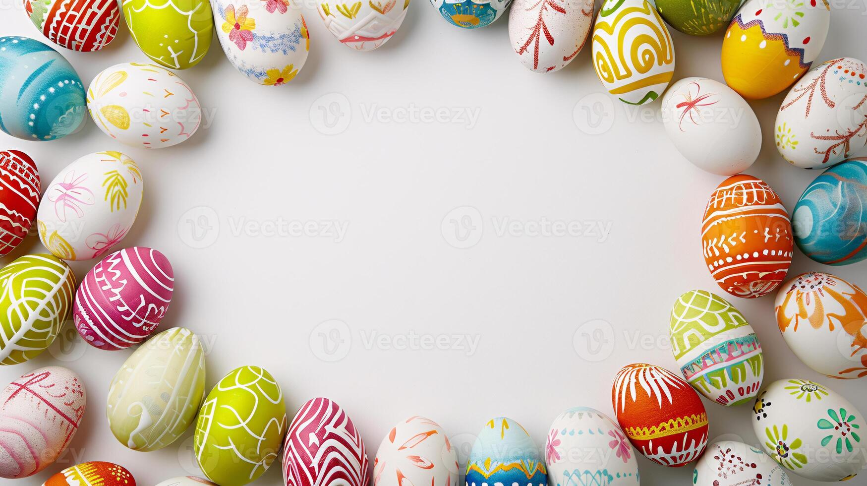 AI generated a frame crafted from a collection of vibrant Easter eggs, takes center stage against a clear white background to insert your text or image in it photo