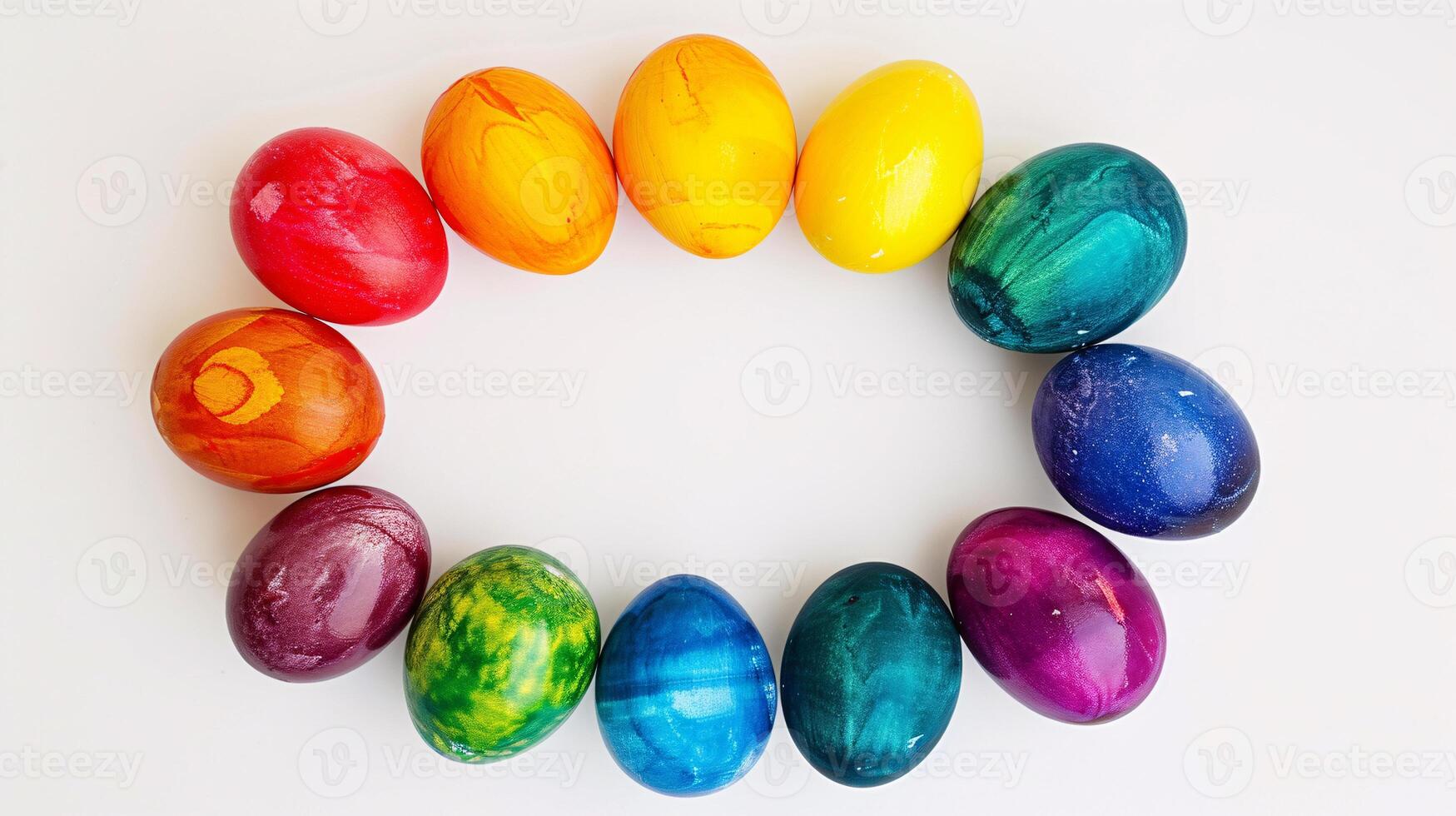 AI generated a frame crafted from a collection of vibrant Easter eggs, takes center stage against a clear white background to insert your text or image in it photo