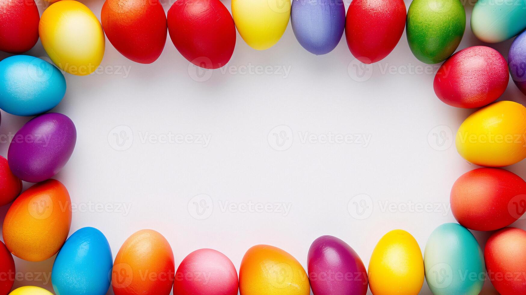 ai generado un marco hecho a mano desde un colección de vibrante Pascua de Resurrección huevos, toma centrar etapa en contra un claro blanco antecedentes a insertar tu texto o imagen en eso foto