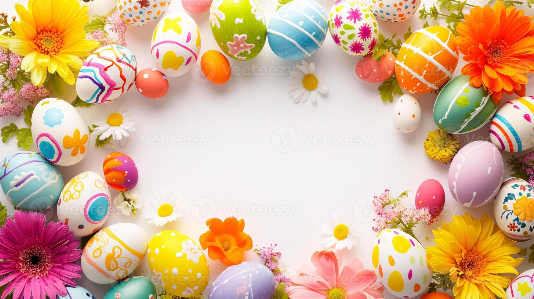 AI generated a frame crafted from a collection of vibrant Easter eggs, takes center stage against a clear white background to insert your text or image in it photo