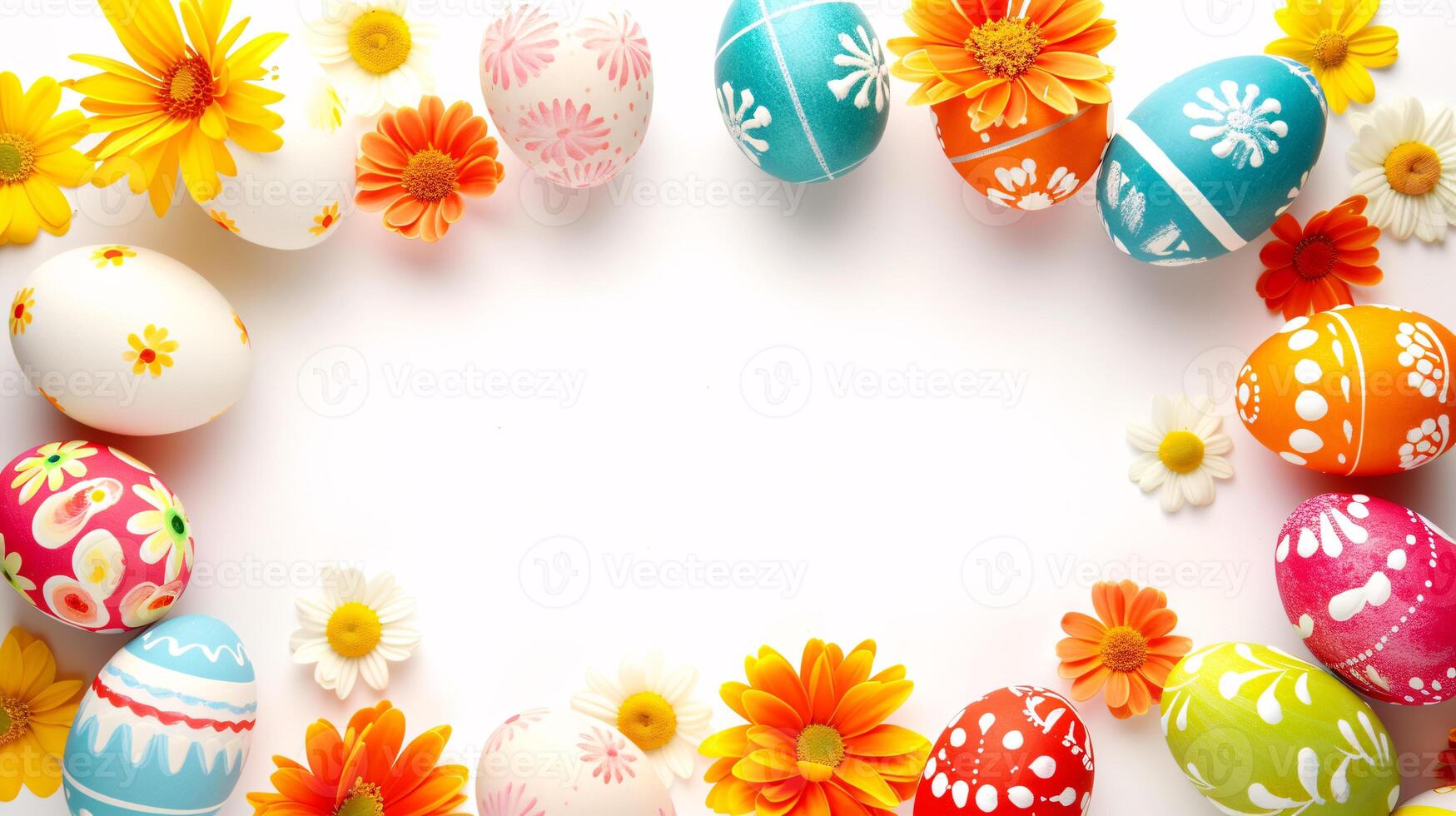 AI generated a frame crafted from a collection of vibrant Easter eggs, takes center stage against a clear white background to insert your text or image in it photo