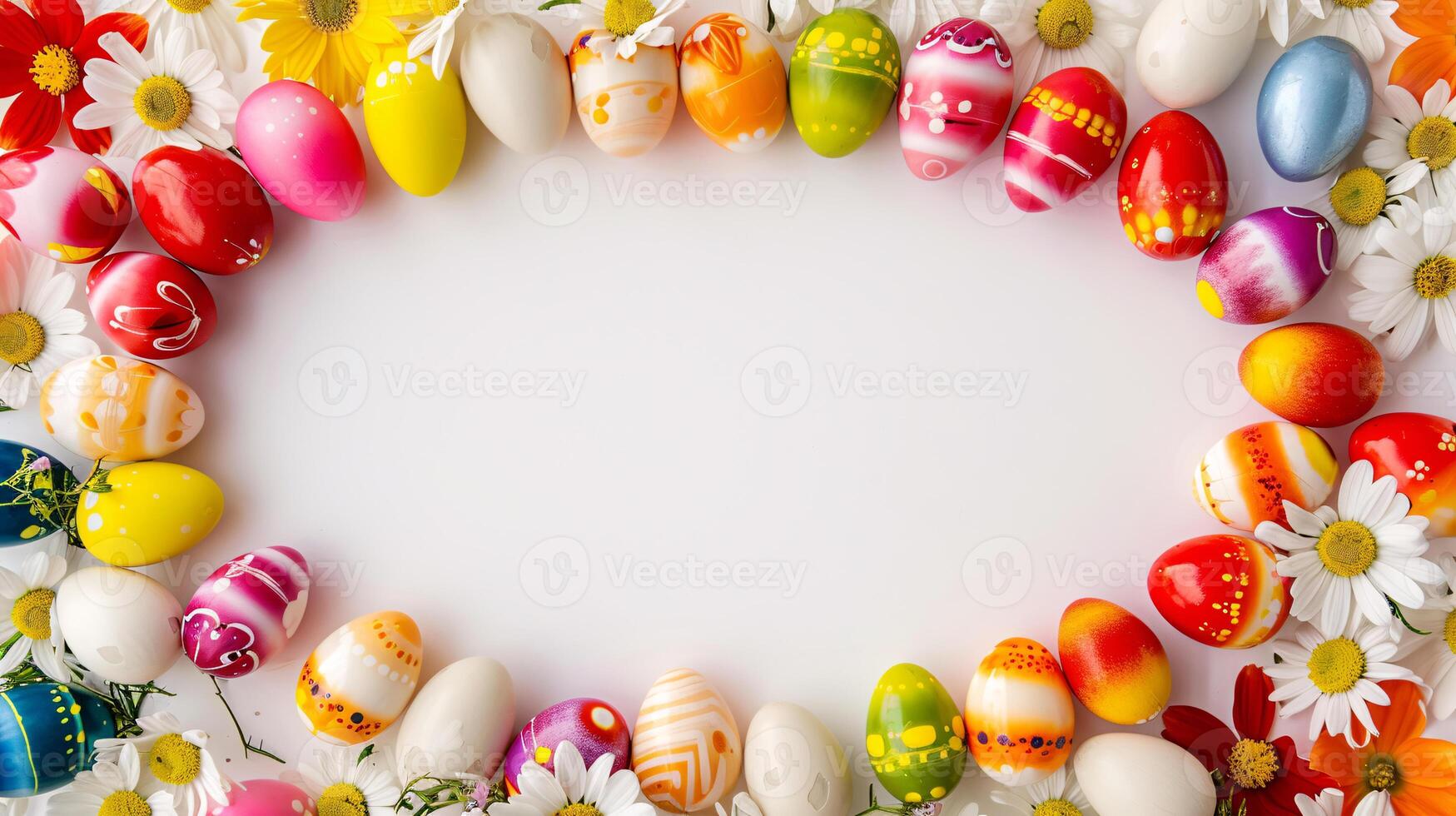 AI generated a frame crafted from a collection of vibrant Easter eggs, takes center stage against a clear white background to insert your text or image in it photo