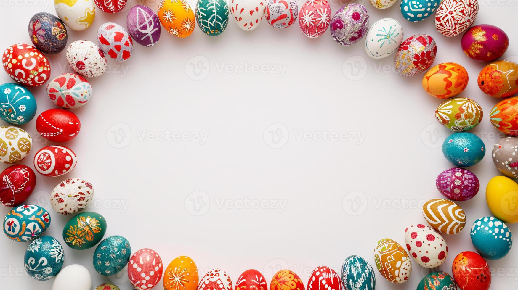 AI generated a frame crafted from a collection of vibrant Easter eggs, takes center stage against a clear white background to insert your text or image in it photo