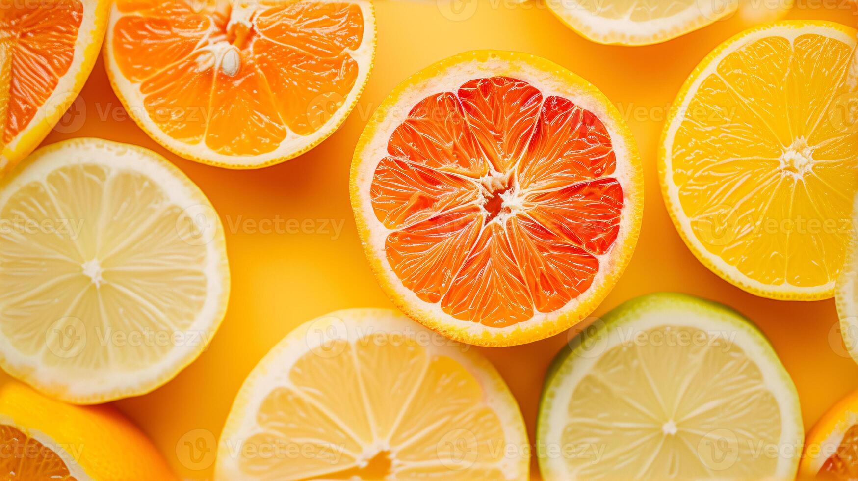 AI generated a vibrant, ripe citrus, sliced to reveal its succulent interior photo