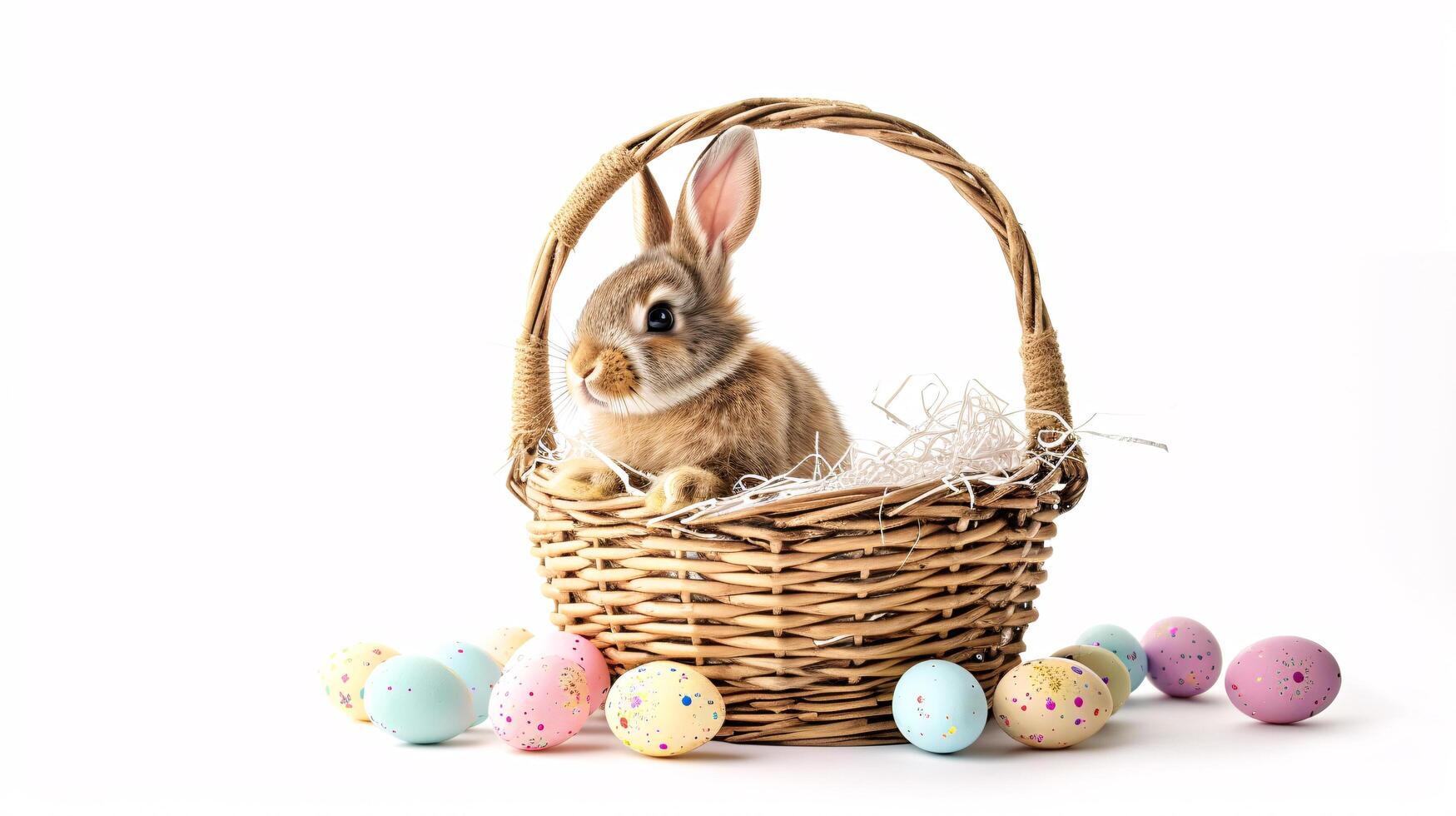 AI generated An Easter basket with a bunny sitting in it steals the spotlight, meticulously arranged against a clear, radiant white background and copy space for text photo