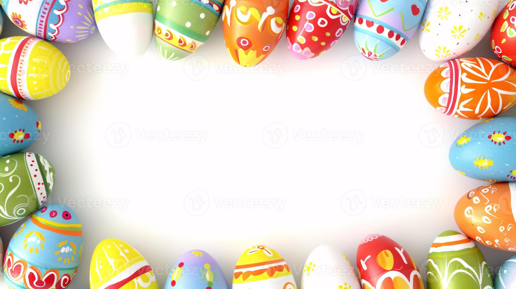 AI generated a frame crafted from a collection of vibrant Easter eggs, takes center stage against a clear white background to insert your text or image in it photo