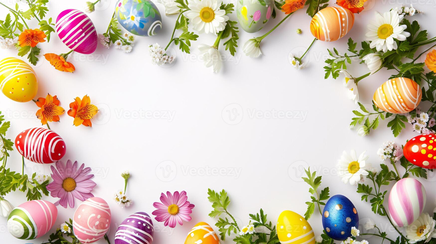 AI generated a frame crafted from a collection of vibrant Easter eggs, takes center stage against a clear white background to insert your text or image in it photo