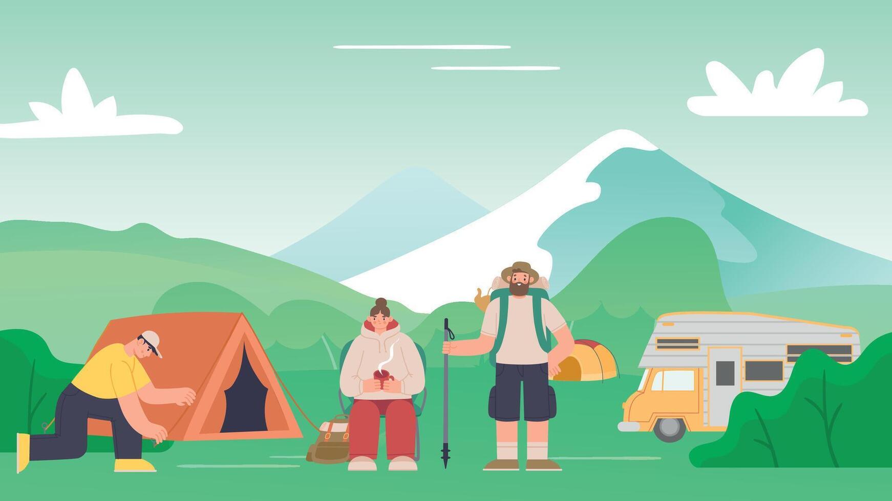 Tourism on nature. Friends camping. Man setting up tent, woman sitting on chair with cup of hot tea. Tourist having outdoor active rest vector