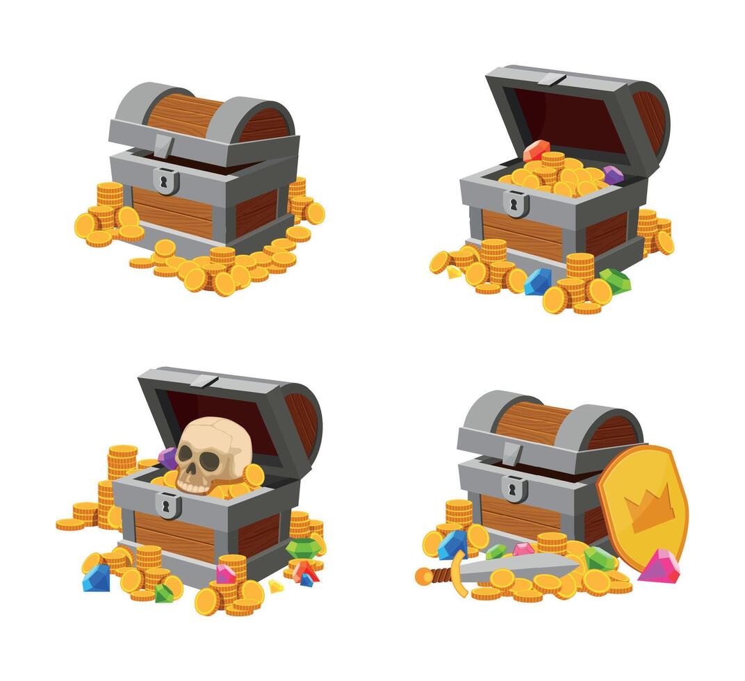 Open and closed chests with treasure gold vector