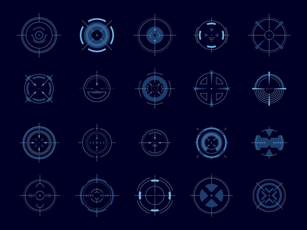 HUD circle aim. Target system futuristic game user interface, military round focus control, sniper weapon sight. Vector dashboard element set for aiming