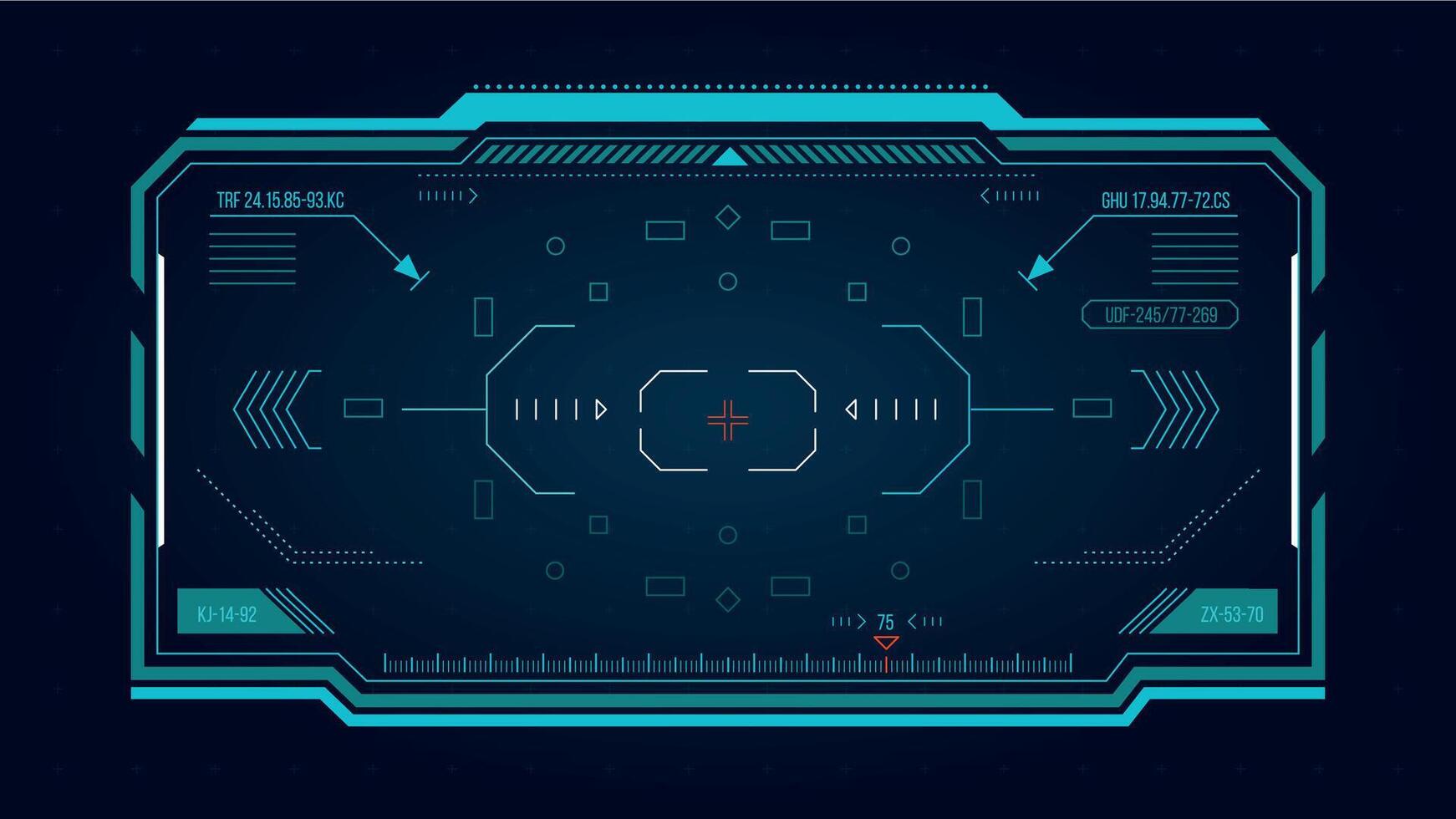 Futuristic HUS screen. Sci-Fi shooter game digital target aim, technology UI borders and frames, modern tech focus graphic design. Vector GUI screen