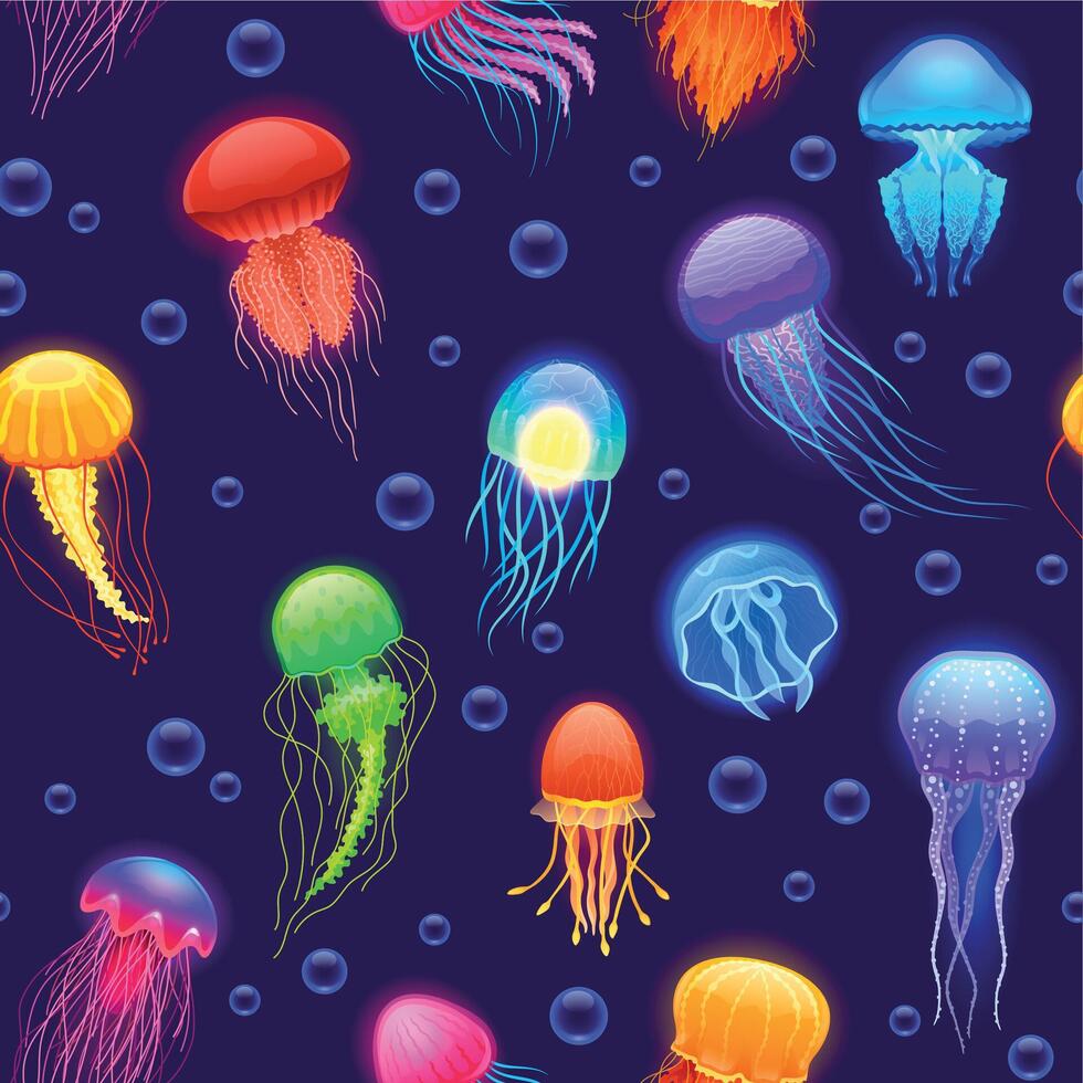 Jellyfish pattern. Seamless print of cute colorful cartoon sea animal, transparent underwater creatures of different shapes and colors. Vector texture