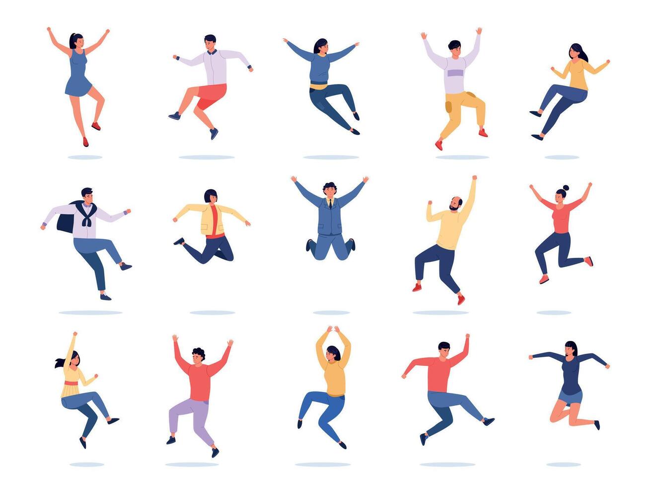 Jumping people. Happy young characters express emotions, teen group in colorful trendy clothes. Vector joyful flying persons in motion, male and female avatars