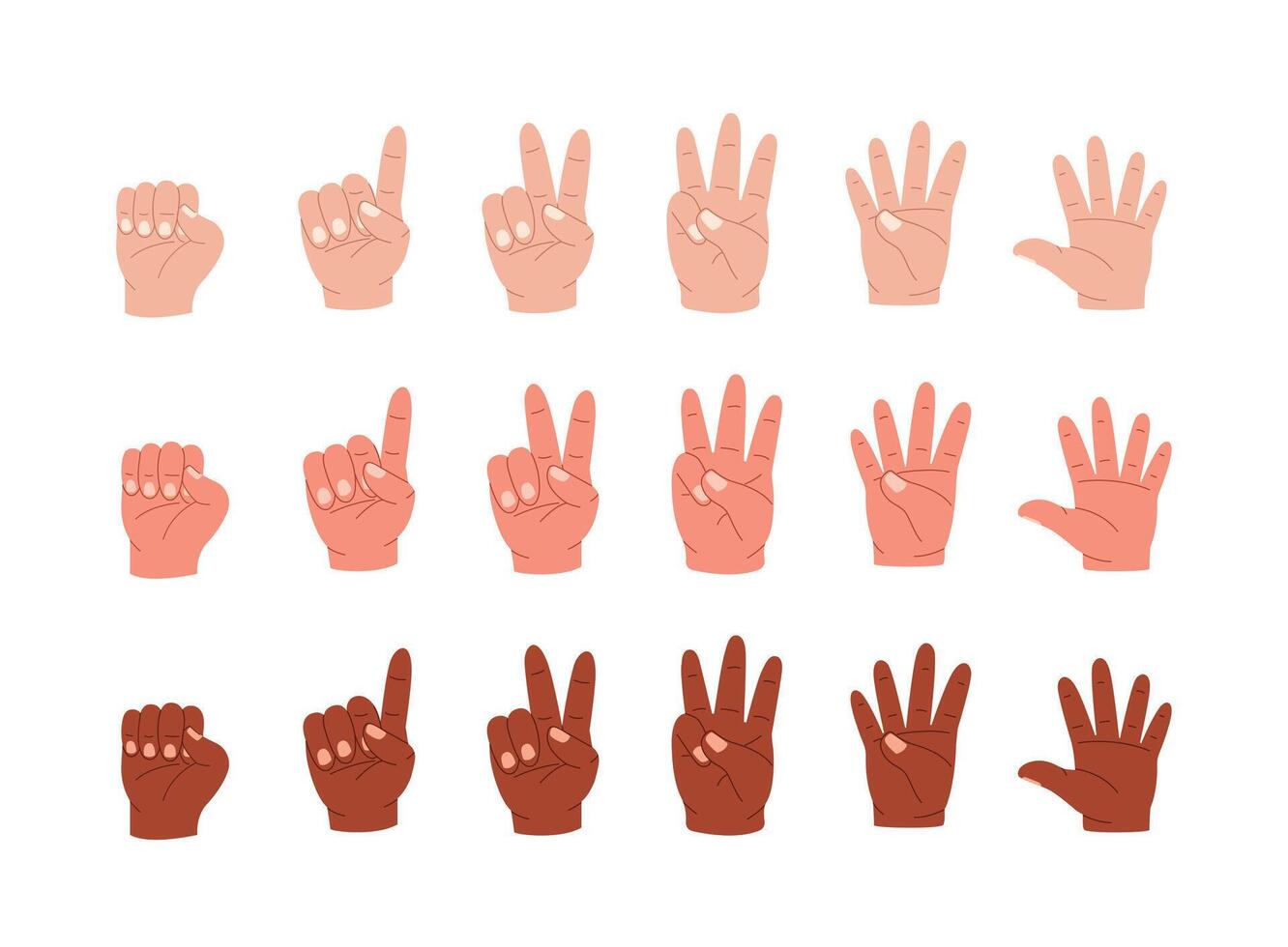 Hands count. Cartoon multiracial human palm gestures showing numbers by fingers, math study sign language concept flat style, Vector isolated set