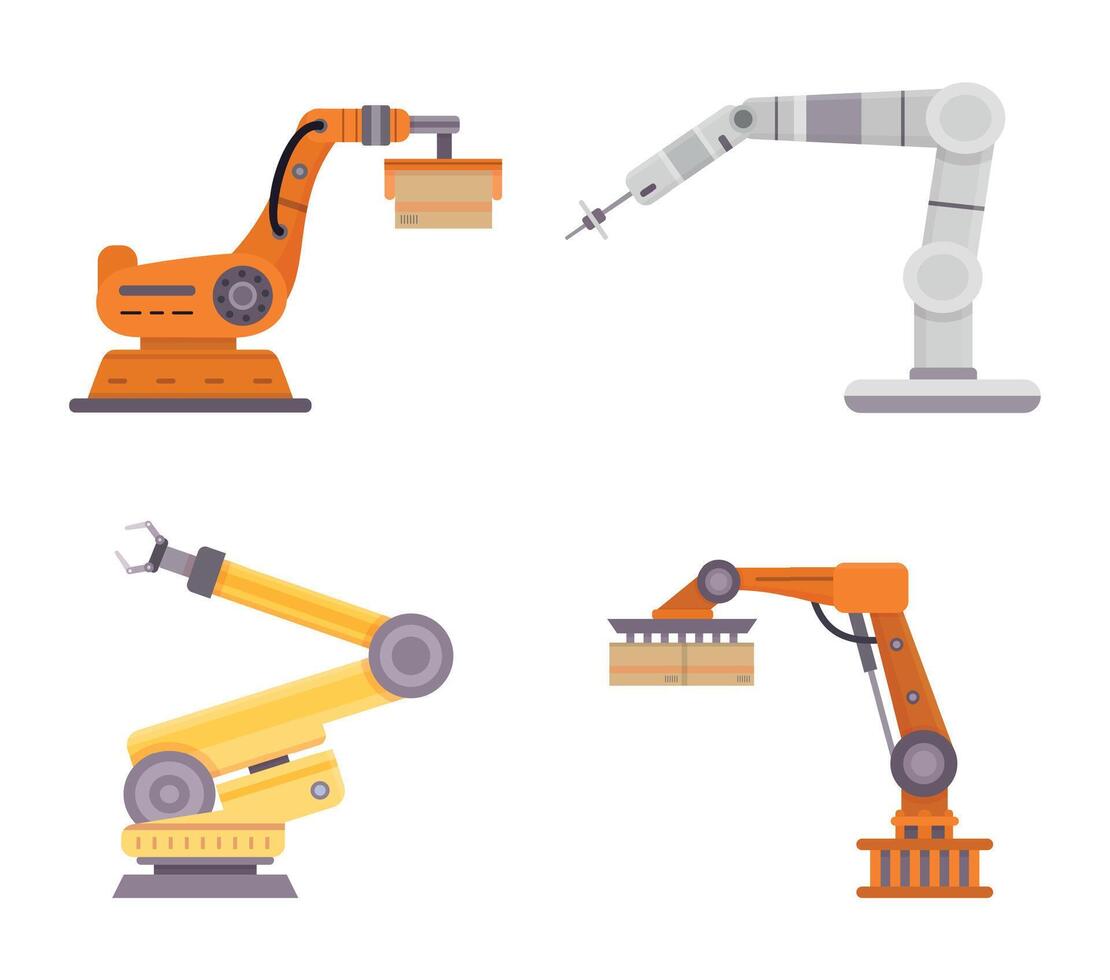fábrica robot brazos. automático tecnología para fabricar industria. mecánico controlar equipo que lleva cajas vector