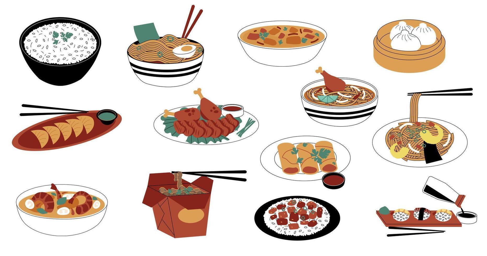 Spicy eastern food. Doodle asian Chinese Japanese and Korean traditional meal with rice seafood spices and sauces, sushi and soup with noodles in bowls. Vector set