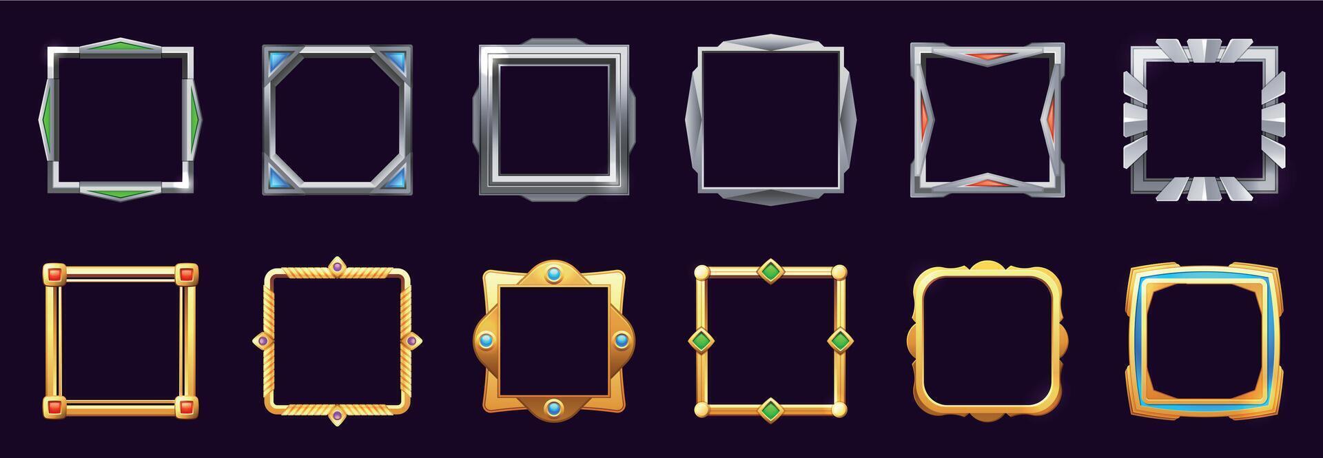 Game ui square frame. Empty border game asset items, cartoon stylized sprite graphic elements, GUI icons for mobile app user interface. Vector set