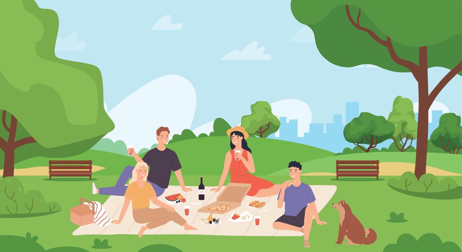 Summer picnic and recreation. Group of friends chilling and eating food in city park. Young man and woman sitting on blanket vector