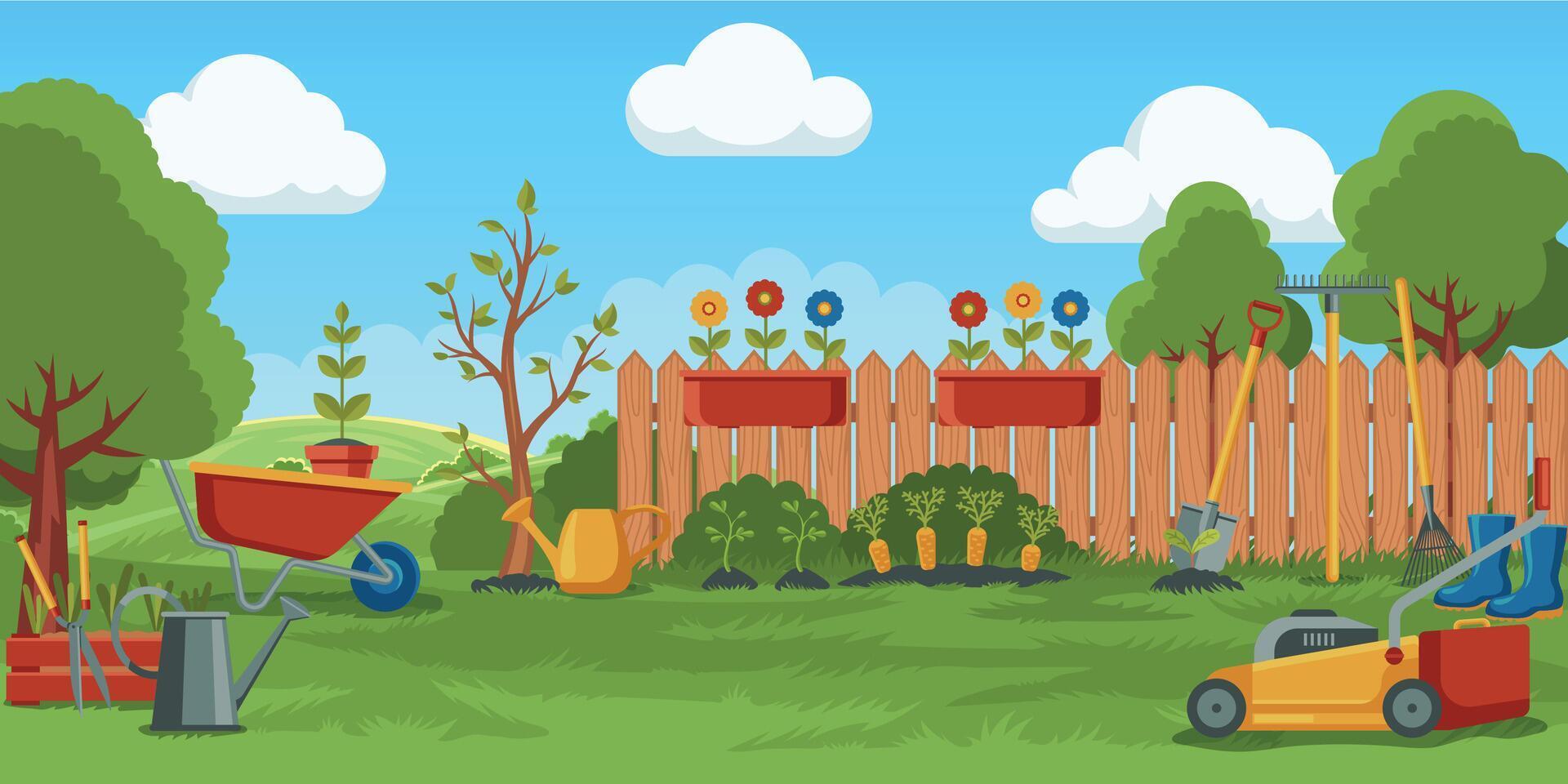 Spring gardening background. Cartoon village landscape with garden tools, spring panorama banner design farming planting concept. Vector illustration
