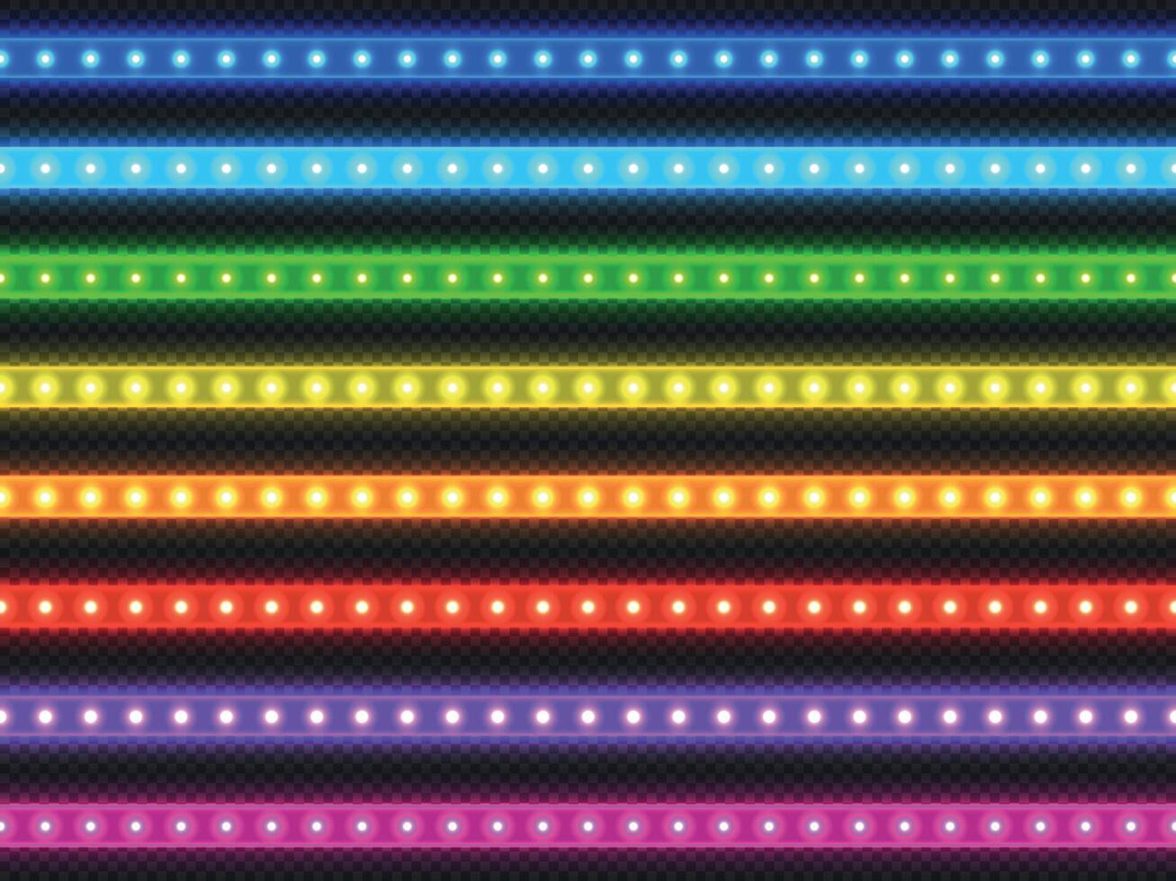 LED light strip. Realistic colorful ribbon with glowing effect, green red blue yellow purple and violet illuminated strip set. Vector light decoration collection