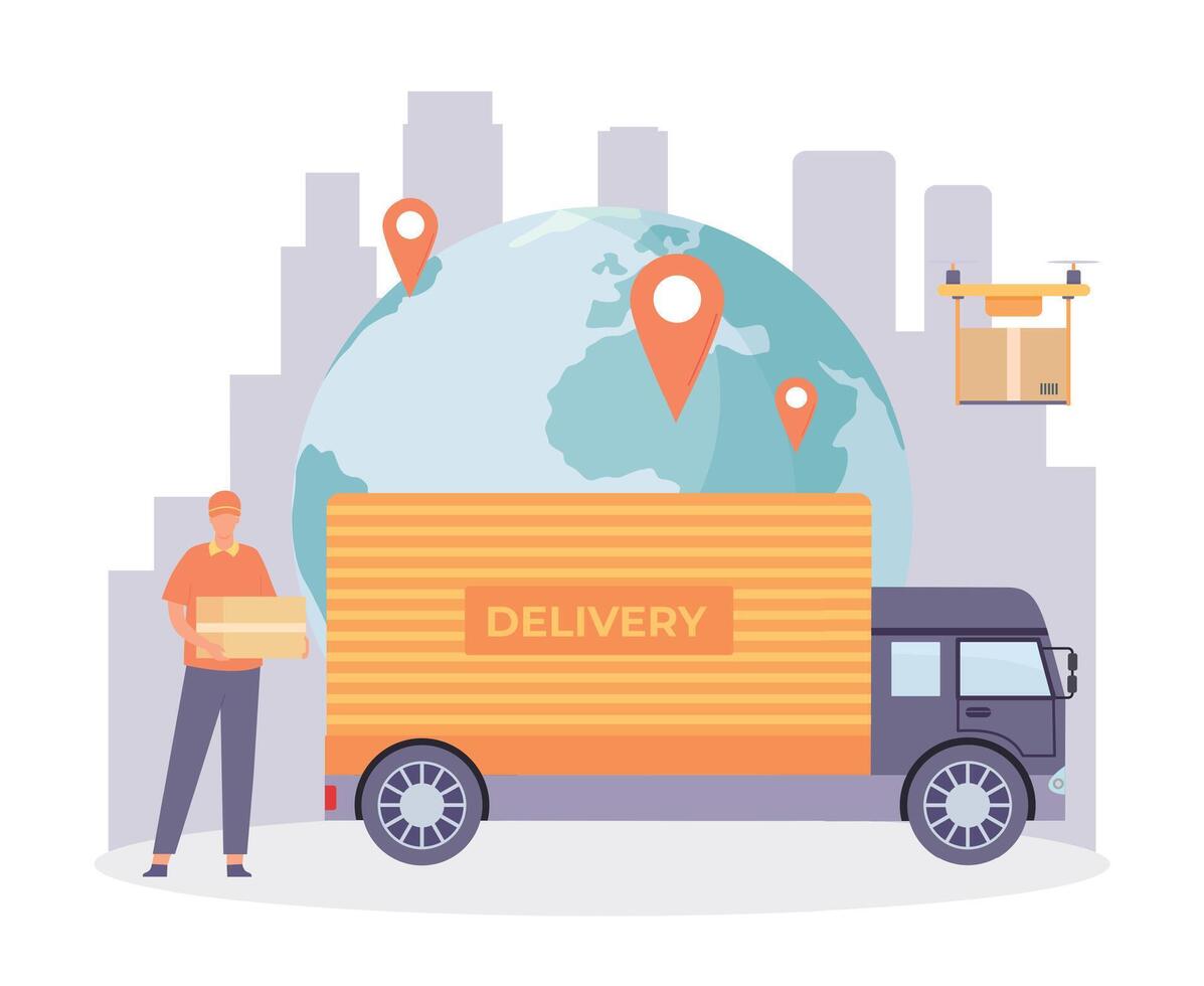 Global delivery service by truck or lorry vector