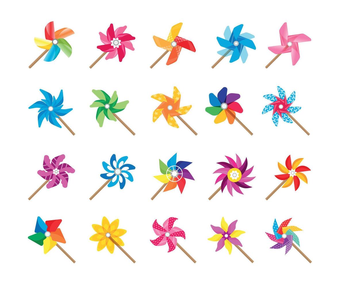 Cartoon windmill toy. Pinwheel spinner cute summer baby toy collection propelled by wind breeze. Vector colorful paper origami fan isolated collection
