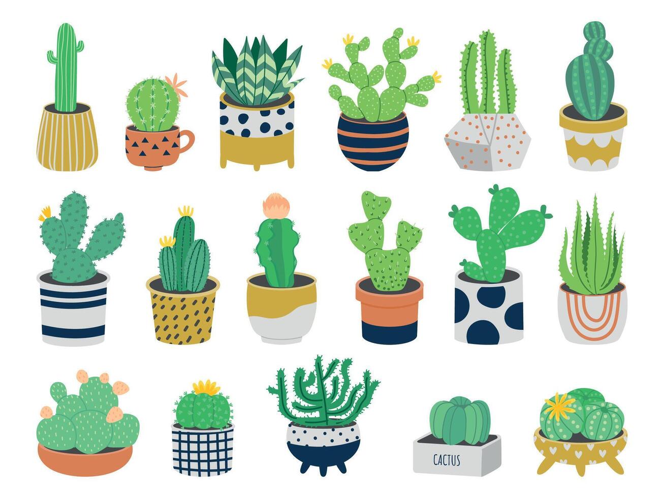 Cactus in pots. Cute cartoon exotic succulent plants in flower pots, decorative desert plant. Vector isolated set