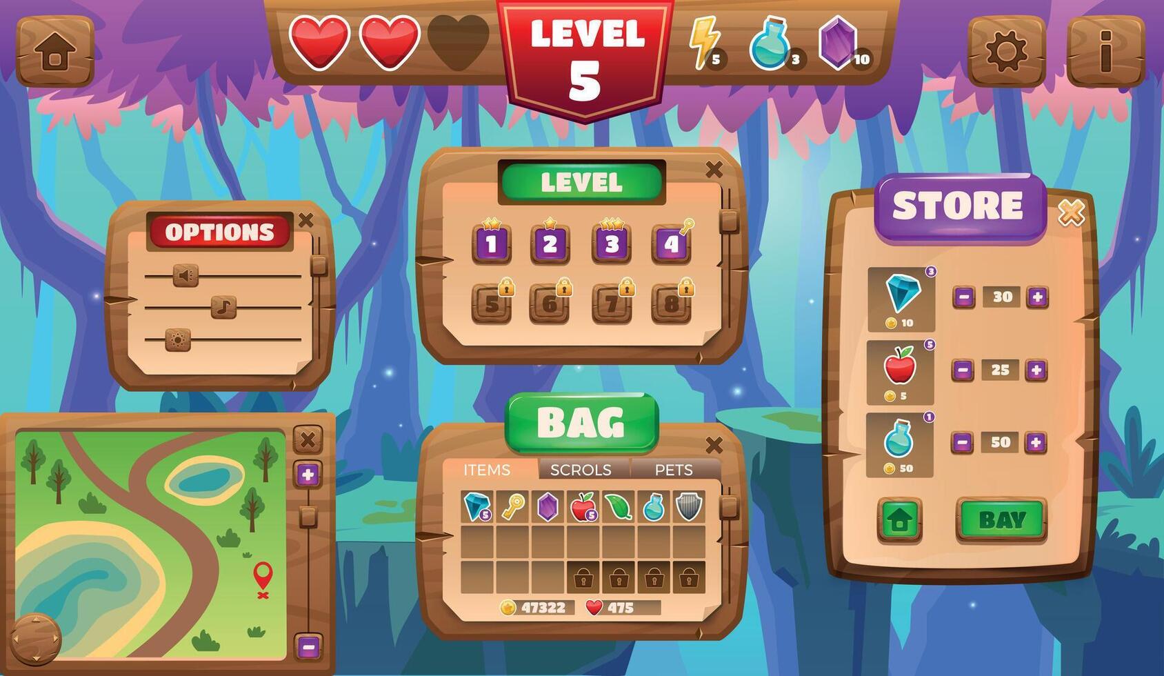 Cartoon game menu screen. Puzzle game background with interface elements, buttons icons menu panel scores and progress bar. Vector casual asset