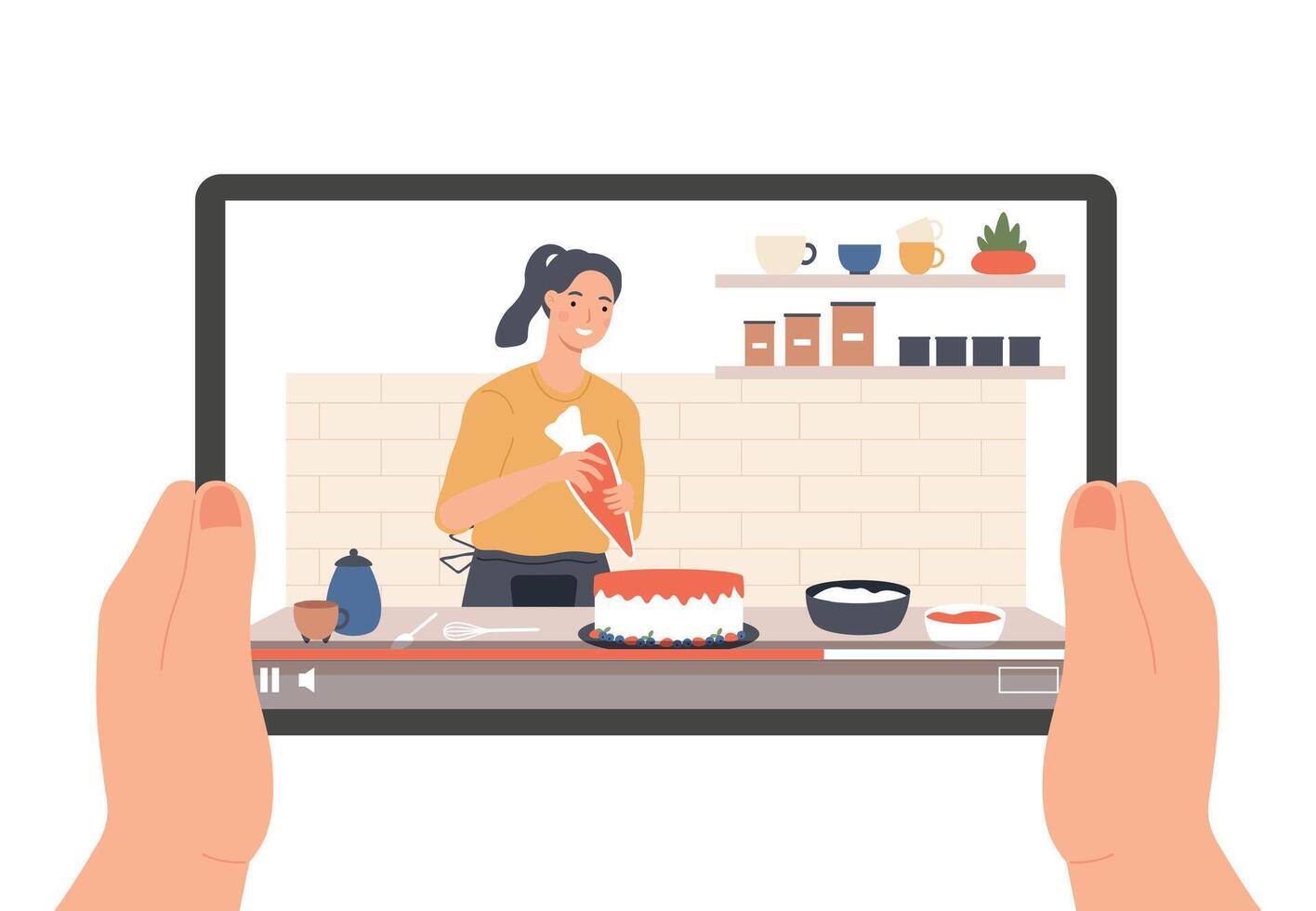 Hands holding tablet with culinary broadcast by vlogger vector